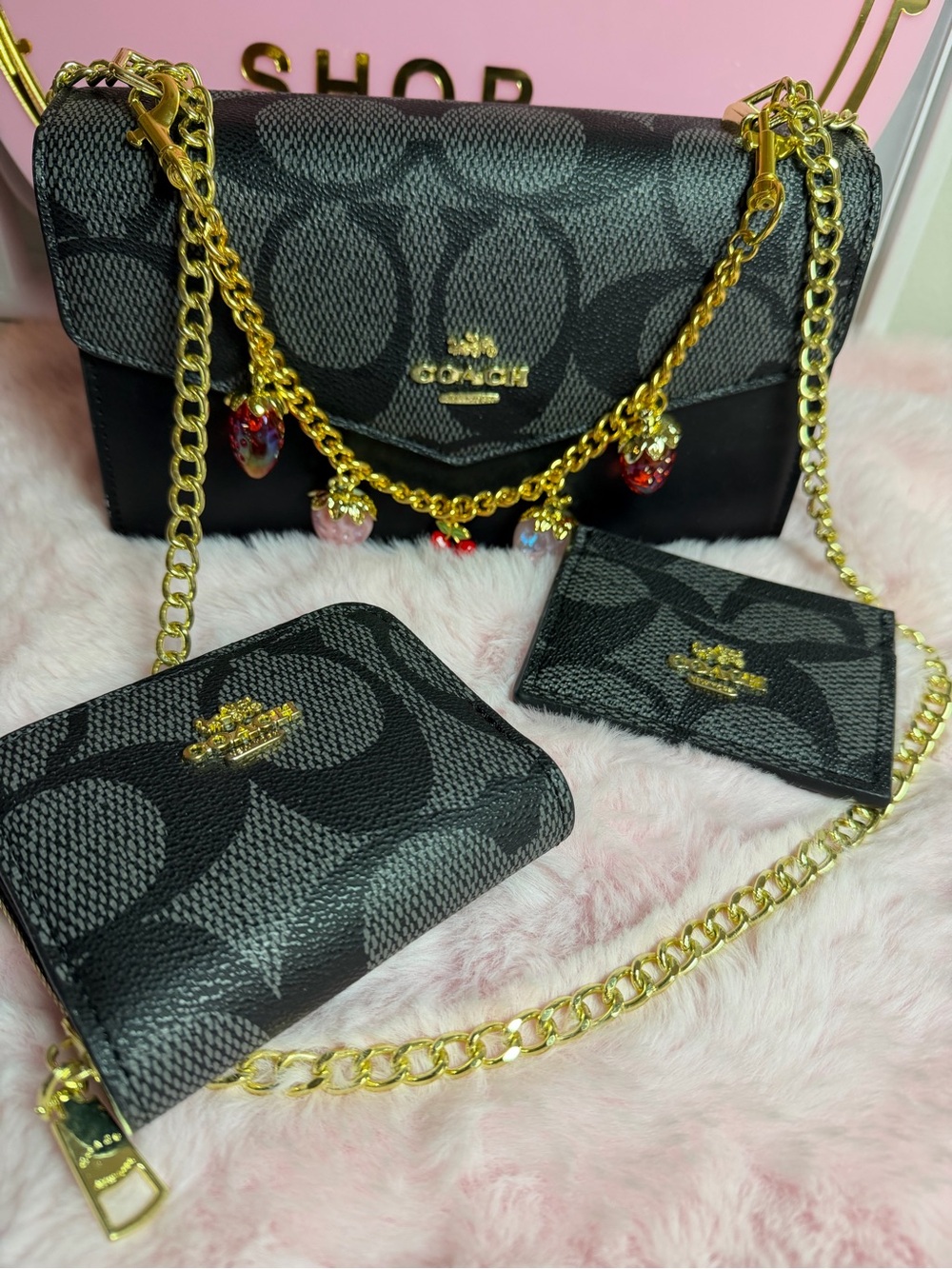 Coach Black Signature Crossbody with Gold Chain & Charm Accents